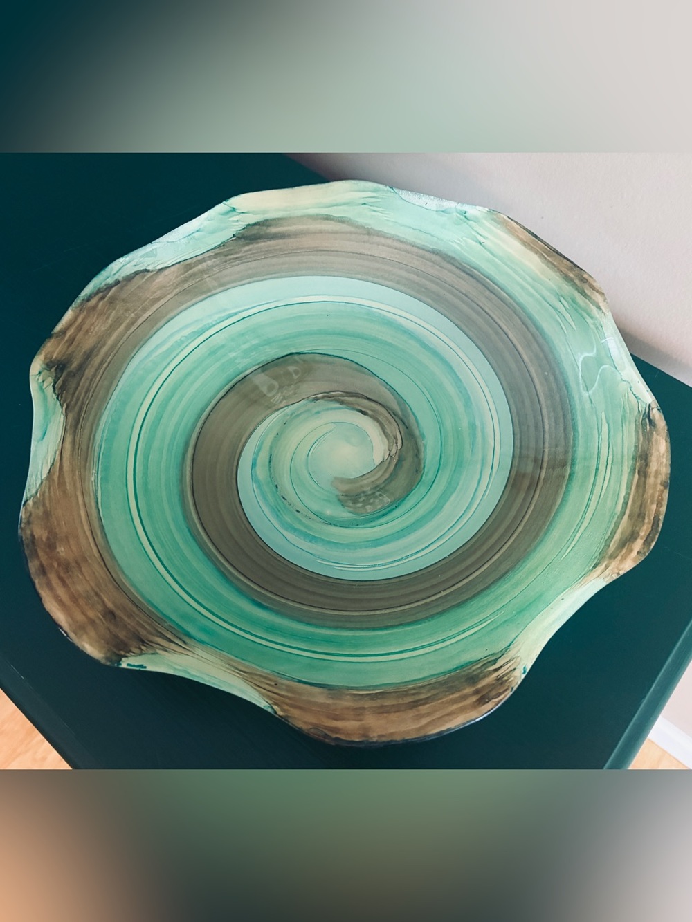 Glass Bowl Muran Style Overlay Glass Wavy Edge 14”D x 3”T